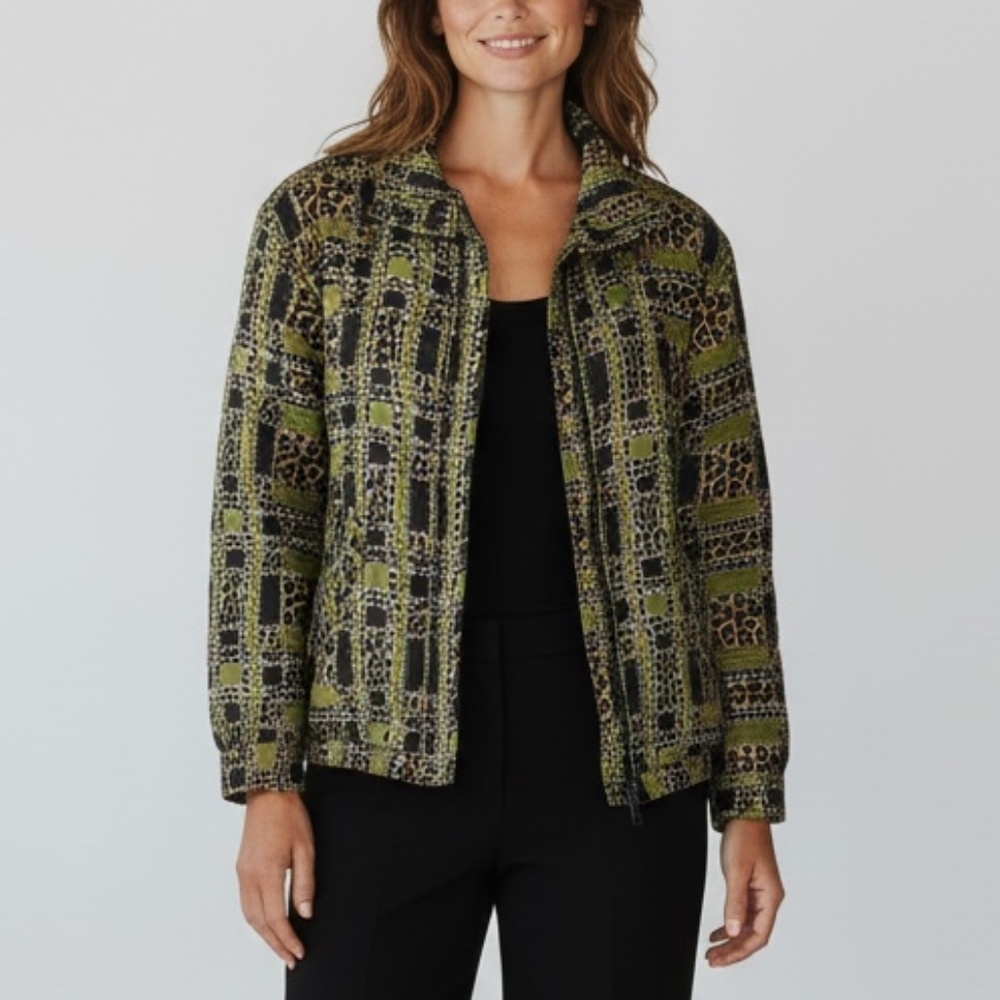 Vintage Anna and Frank Quilted Silk Bomber Jacket Chain Leopard Print Zip Front
